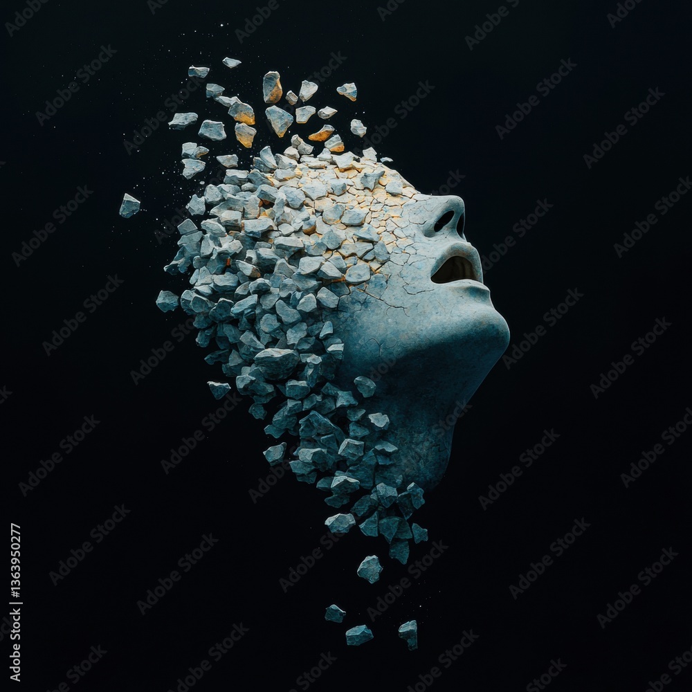 Poster a surreal depiction of a face merging with stones, symbolizing fragmentation and emotional depth aga