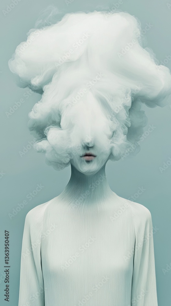 Poster a surreal image of a person with a cloud-like formation for a head, blending themes of creativity an
