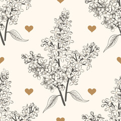 Seamless pattern with lilac and hearts. Vector floral illustration. Hand-drawn engraving. Black and white.