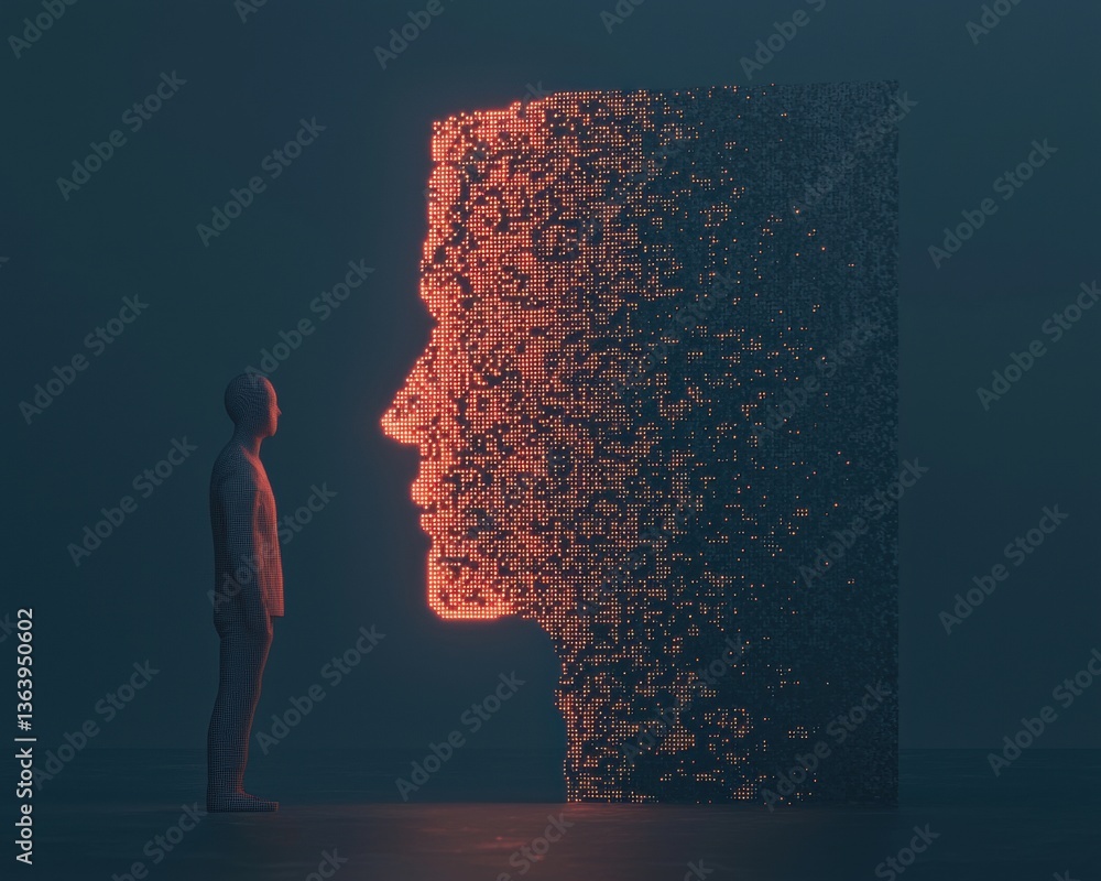 Poster a figure stands in awe before a glowing, abstract representation of a face, suggesting themes of ide