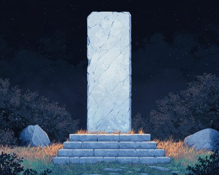 A tall, illuminated monolith stands on stone steps, surrounded by rocks and vegetation under a starry night sky.