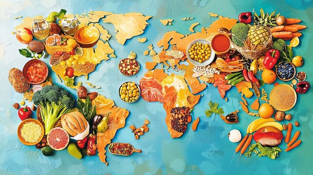 Colourful world food day poster with world map