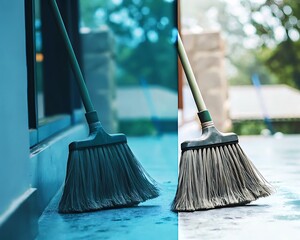 "Sweeping Cleanliness - Limpieza Impecable: A simple broom standing alone on a crisp white background. Una escoba sencilla parada sola en un fondo blanco impecable."