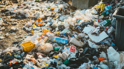 Garbage dump. Paper or plastic, metal and glass environmental waste. Unsorted rubbish. Stinking trash bags and dustbins. Disposal containers and litter heaps. Vector ecology background