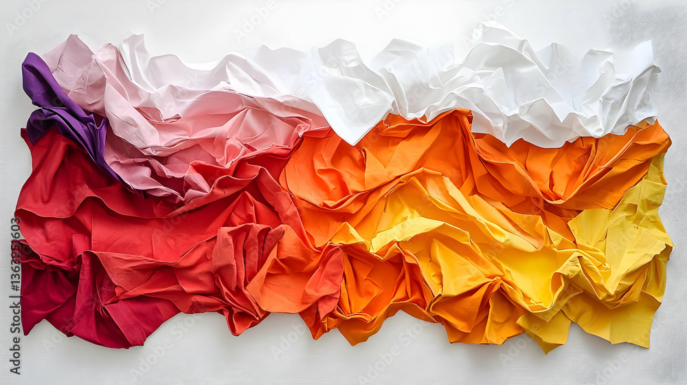 Aufkleber abstract textile art composition in gradient hues displayed on a white wall with layered and folded 
