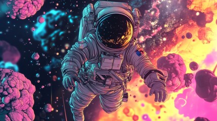 Space astronaut. Galaxy planets, art science technology. Rocket psychedelic background, flying cosmonaut cartoon design. Mans future, earth universe. Horizontal banner. Vector fiction illustration