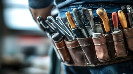 Neatly arranged tools on a technician's belt, showcasing precision and readiness for skilled craftsmanship