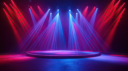 A breathtaking stage bathed in vibrant red and blue spotlights, ready for a mesmerizing performance, creating an electrifying atmosphere.