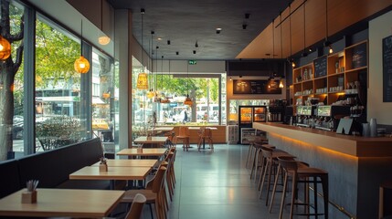 Modern Cafe Interior Empty No People Restaurant Flat Vector Illustration