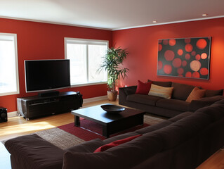 Living Room Interior with Brown Sofa, Red Walls and Modern Decor