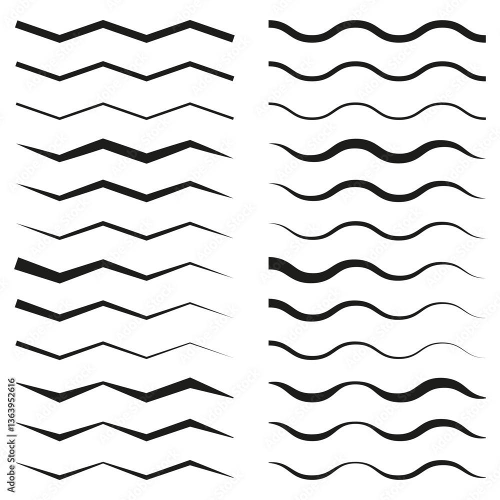 Aufkleber black zigzag lines. wavy abstract curves. minimalist geometric elements. simple pattern collection.