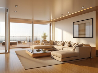 Fototapeta premium Modern Living Room Design with Large Couch and Balcony View
