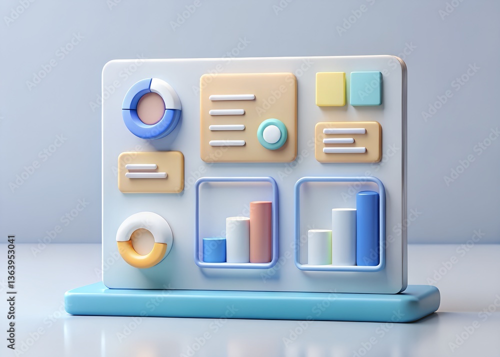 Poster dashboard of data: a 3d rendered dashboard featuring colorful charts, graphs, and data visualization