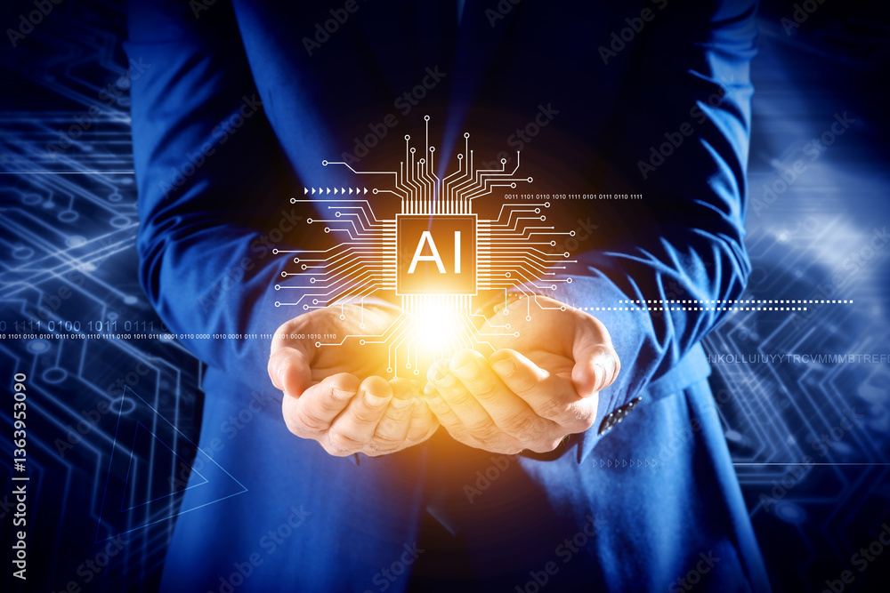 Poster artificial intelligence. businessman holding virtual circuit board pattern with ai abbreviation on d