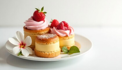 Elegant pastry arrangement, pure white backdrop , treat, still life