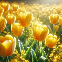 Obraz premium Glowing Yellow Tulips in Spring Garden