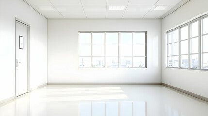 Fototapeta premium Empty Modern White Office Room With Large Windows And City View