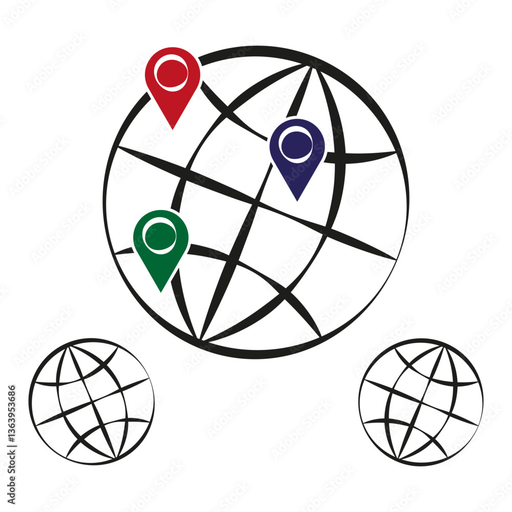 Poster global map symbol. color location pins. vector earth globe. simple position marker.