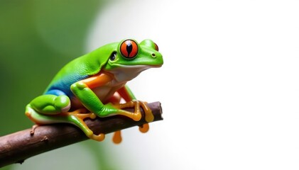 Naklejka premium Green tree frog perched on white, vibrant colors, one, green frog, legs