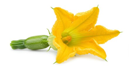 Fototapeta premium Bright Yellow Zucchini Flower with Green Stem on White Background