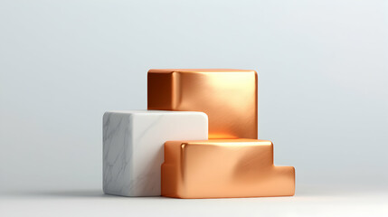 White Marble and Copper Geometric Cubes on White Background