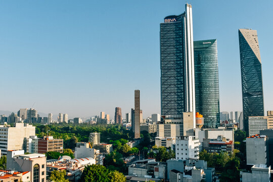 Torre Reforma, Torre Mayor and Torre Bancomer Skyscrapers at Reforma Avenue in Mexico City