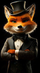 Charming Fox in Tuxedo: Animated Animal Mascot in Stylish Tailored Suit