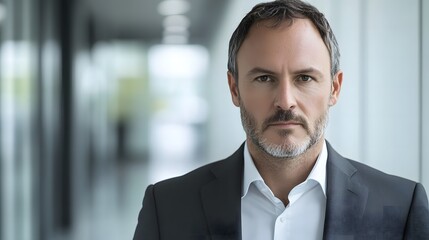 Fototapeta premium Serious businessman in a suit, focused and professional, embodying confidence and leadership in a modern workplace