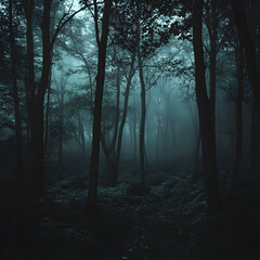 Obraz premium A dark forest shrouded in mist, rumored to be haunted by lost souls.