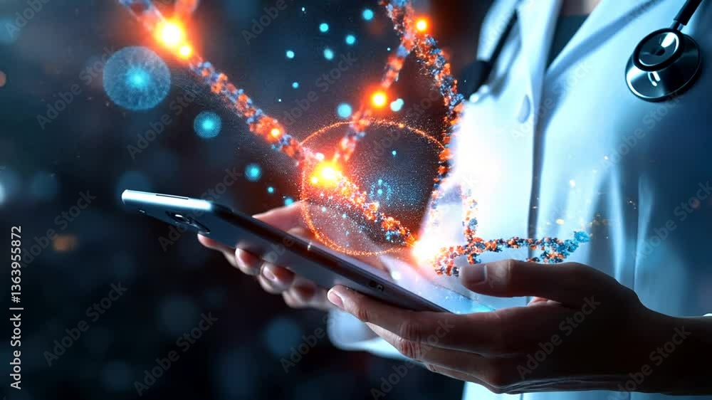 Poster luminous dna molecule analysis by doctor using tablet in a lab generative ai
