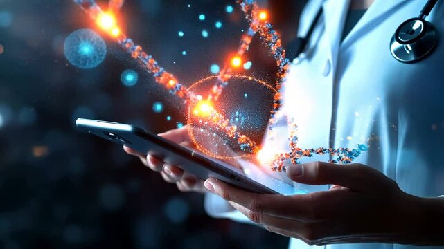 Luminous DNA Molecule Analysis by Doctor Using Tablet in a Lab Generative AI