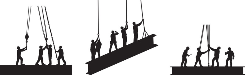 Silhouette of a construction crew lifting a steel beam into place, symbolizing teamwork vector silhouette