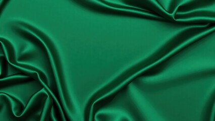 Dark green silk satin background. Wavy folds. Smooth surface. Shiny fabric. Luxury background with copy space for design. Web banner. Top view table. Flat lay. Wide.