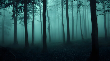 Naklejka premium A dark forest shrouded in mist, rumored to be haunted by lost souls.