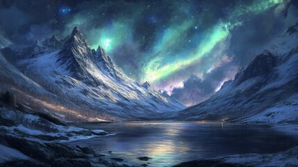 landscape. Northern light mountains fjord. Vector aurora in background