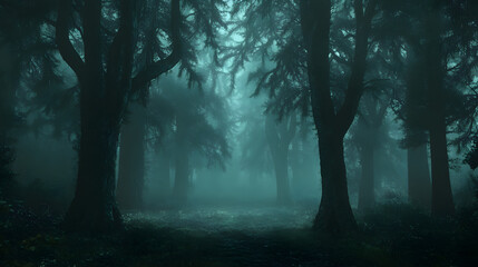 Fototapeta premium A dark forest shrouded in mist, rumored to be haunted by lost souls.