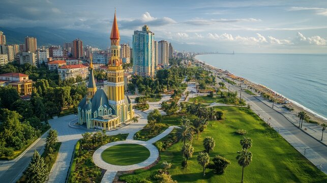 Batumi, Georgia, Ajara, vector batumi city, ali and nino, alphabeat tower, church, chacha house.