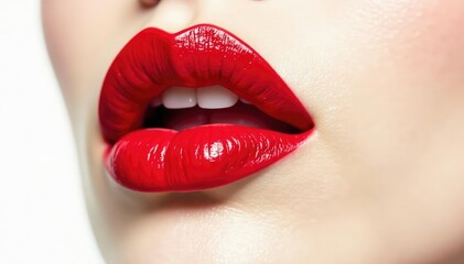 Obraz premium Close-up vibrant red lipstick, stark white backdrop, smooth, white, stock photo