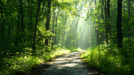 Naklejka premium Sunlit Forest Path Through Dense Green Trees with Bright Sunlight and Shadow
