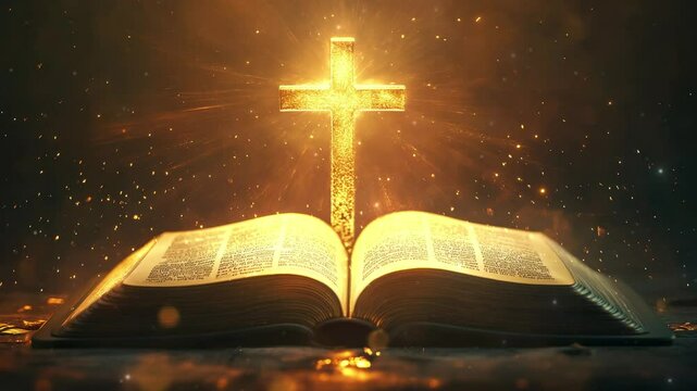 Open bible and cross with light, Cristian religion concept 
