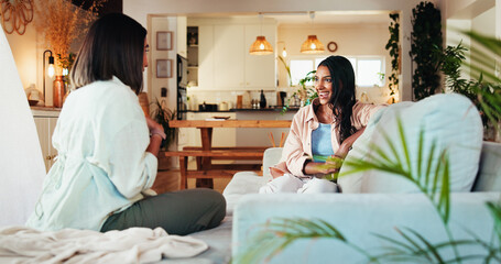 News, talking and friends with women on sofa for bonding, gossip and social reunion. Discussion,...