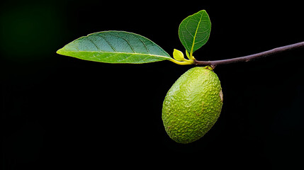 Vibrant Green Fruit With Dew Drops On Branch With Fresh Green Leaves Isolated Against Black Background