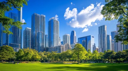 Obraz premium City buildings. Downtown cityscape. Scenery skyline. Urban neighbourhood. Suburban town silhouette. Sky landscape. Modern architecture and park. Daytime panorama. Vector garish background