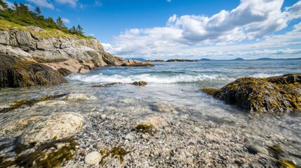 Coastal landscape under a blue sky with clouds and gentle waves at a rocky shore