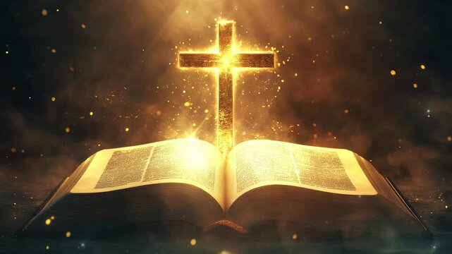 Open bible and cross with light, Cristian religion concept 