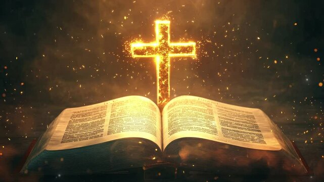 Open bible and cross with light, Cristian religion concept 