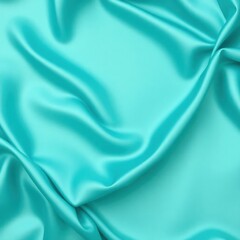 Beautiful light green blue silk satin surface. Soft folds on shiny fabric. Luxury teal background with space for text, design. Web banner. Flat lay table. Top view. Birthday, Christmas, Valentine.