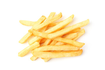 Many delicious French fries isolated on white, top view