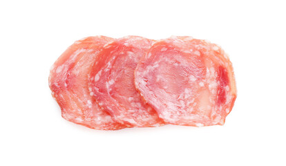 Slices of tasty smoked sausage on white background