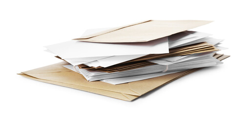 Stack of different paper envelopes on white background. Post office